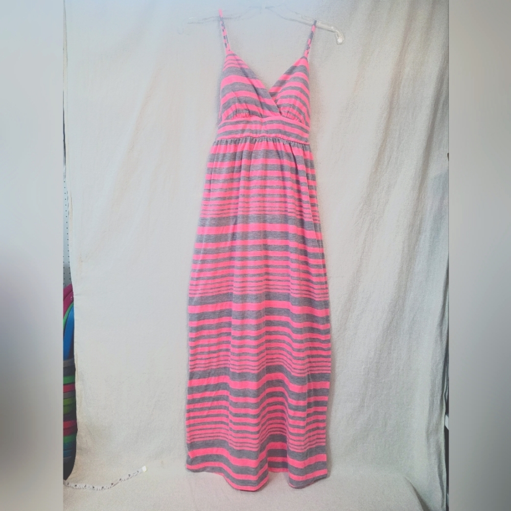 Pink Gray Striped Maxi Dress, Small, V Neck Vacation Summer Beach Resortwear